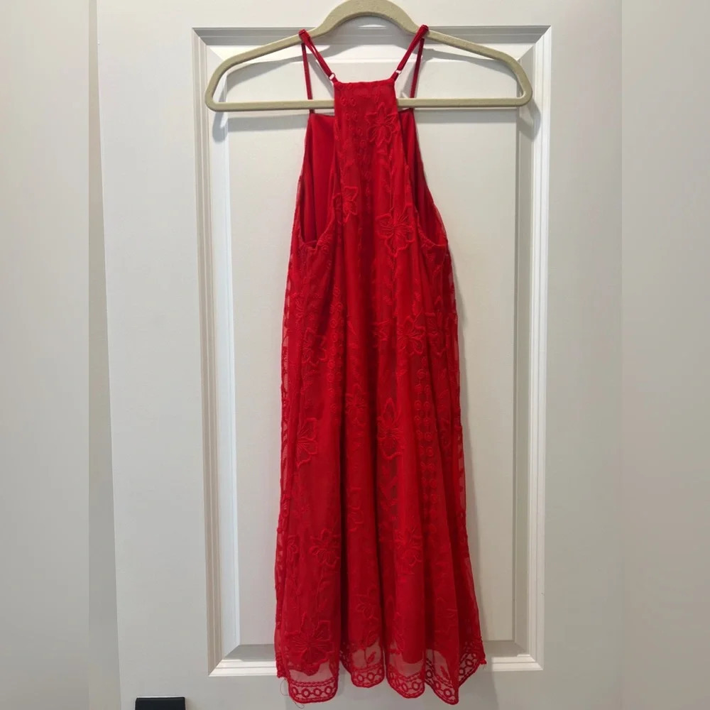 Altar'd State Red Floral Mini High Neck Shift Dress Flowy Lace Sexy Red Short - Picture 6 of 8